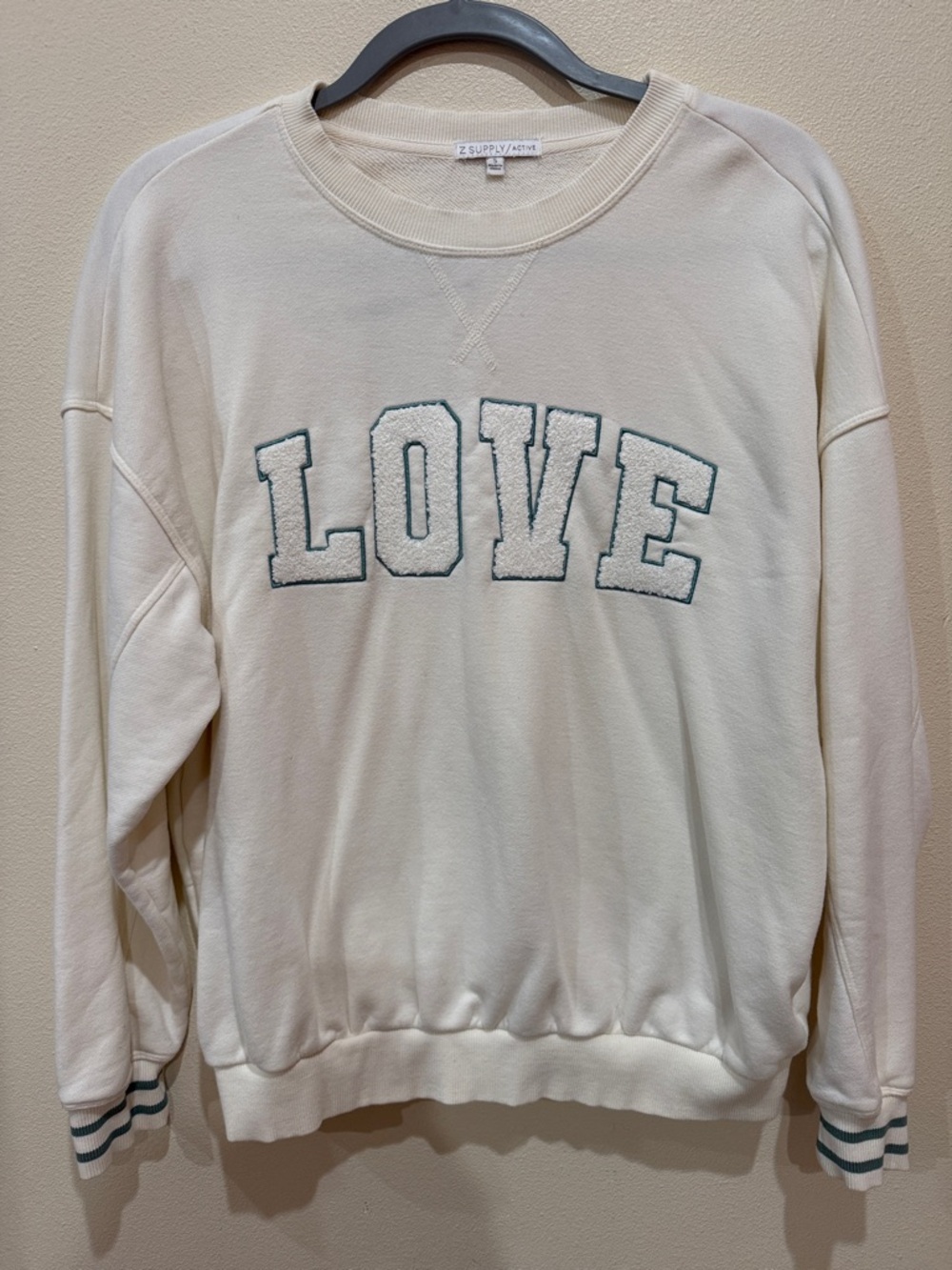 Z Supply Cream Sweatshirt with Green-Trimmed 'LOVE' Appliqué